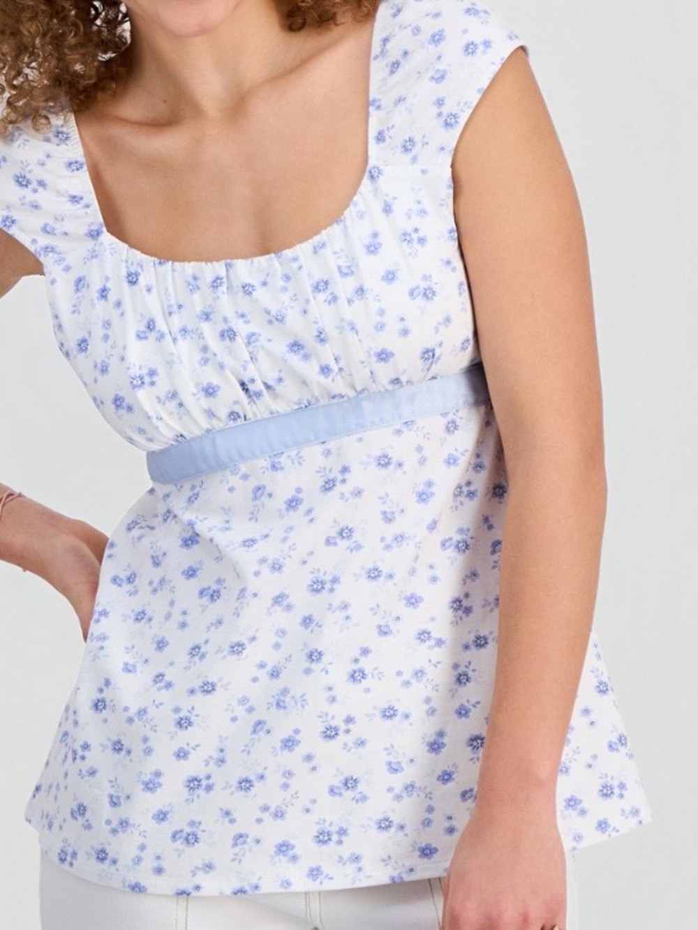Sincerely Jules Blue Ribbon Tie Cotton Bloomcore Cottagecore Brunch Top sz L NWT